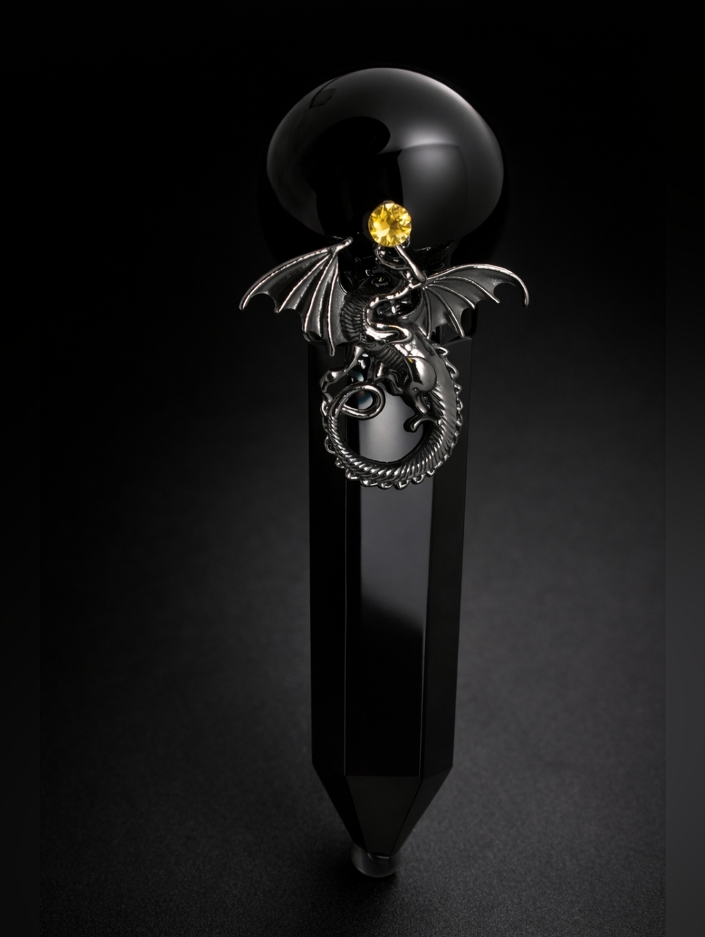 Black Obsidian Dragon Wand • Sphere & Tower Statement  • Gothic Crystal Decor